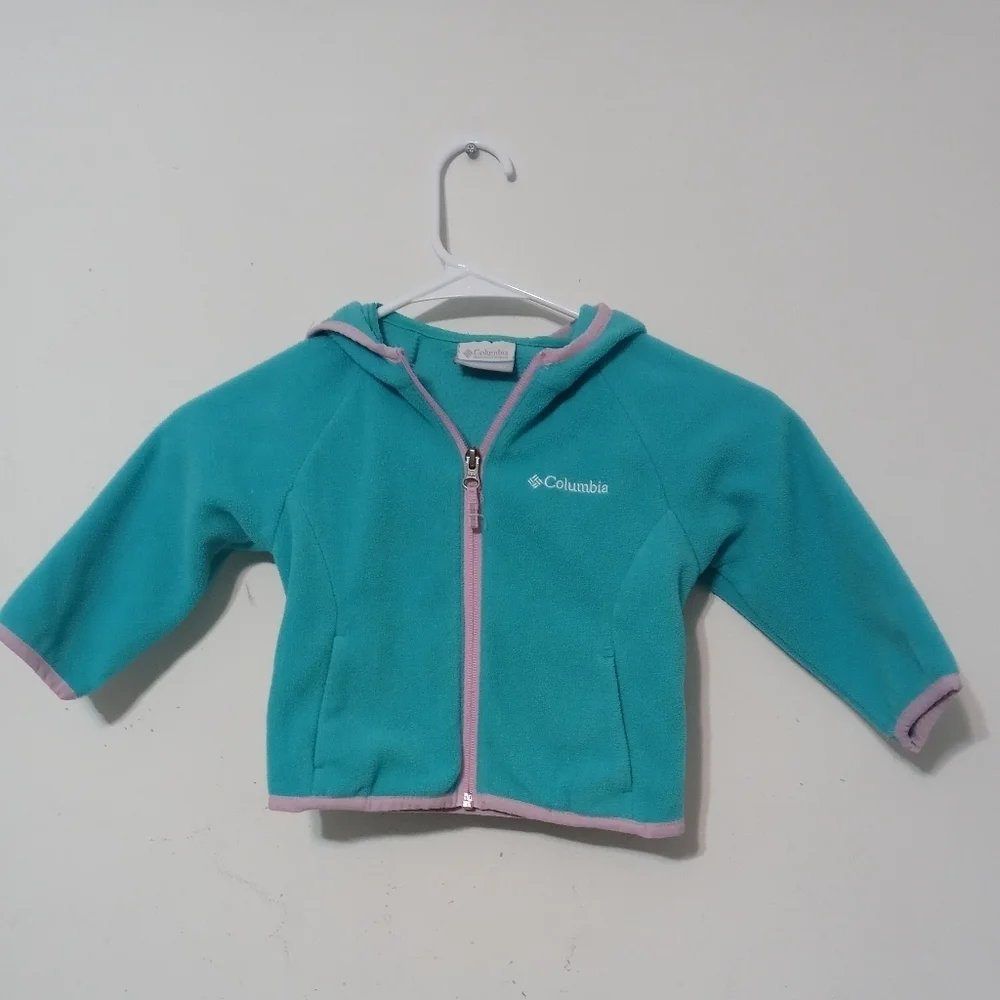 Columbia Girl's 2T Full Zip Aqua w pink trim long sleeve hooded fleece jacket